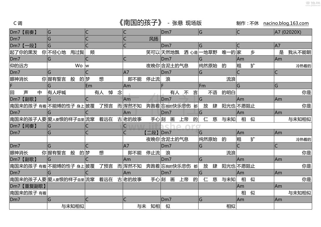 南国的孩子吉他谱(图片谱,弹唱)_张悬(焦安溥)_补一张现场版的和弦谱，杉特的按法，都比较特殊我也摸不来，就普通按法也挺好听的。 要弹唱专辑版的话夹一 ...