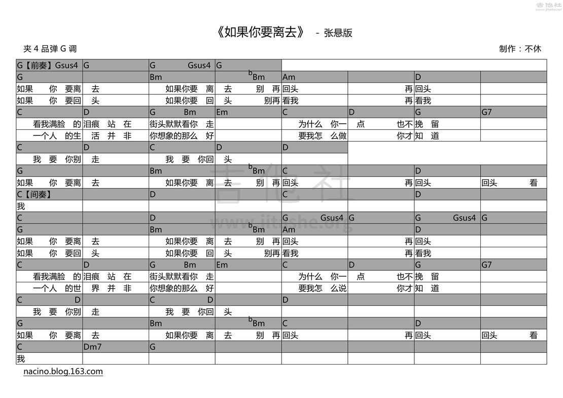 如果你要离去吉他谱(图片谱,弹唱)_张悬(焦安溥)_G调