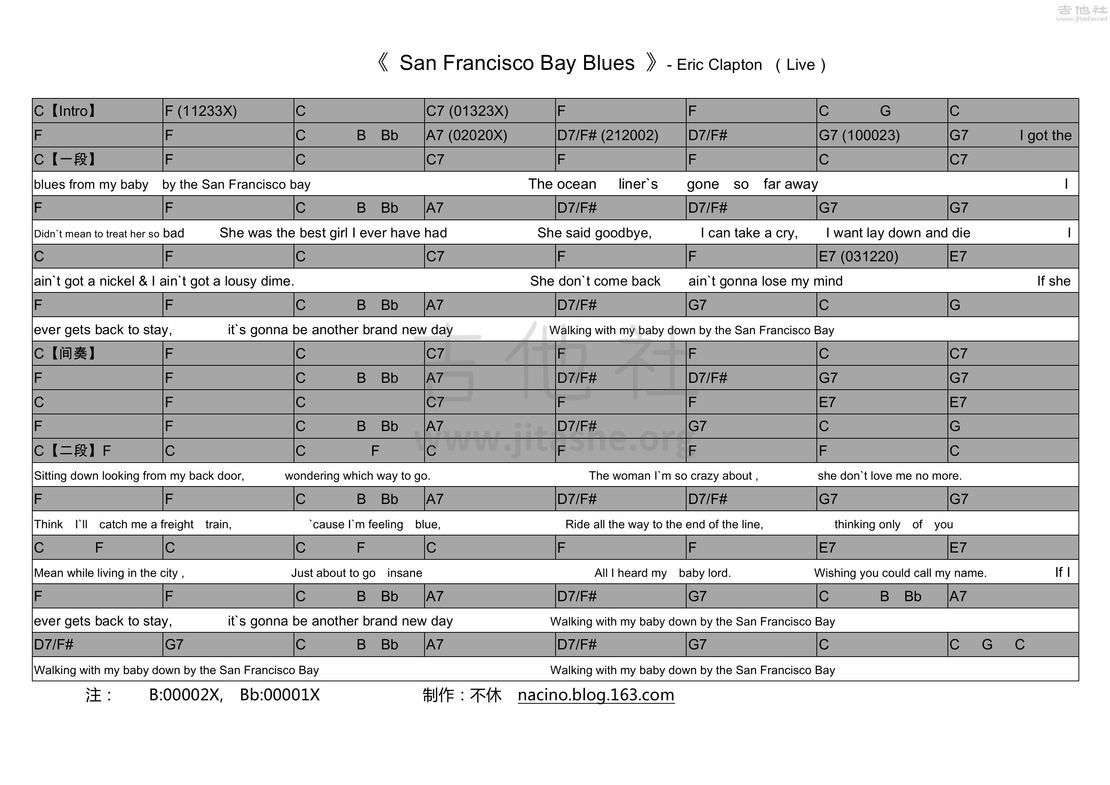 San Francisco Bay Blues吉他谱(图片谱,现场版,不插电,弹唱)_Eric Clapton(艾力克·克莱普顿;Eric Patrick Clapton)_San Francisco Bay Blues.jpg