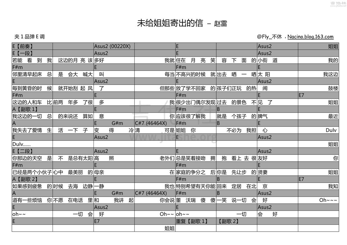 未给姐姐递出的信吉他谱_赵雷_吉他弹唱教学视频 - 吉他园地