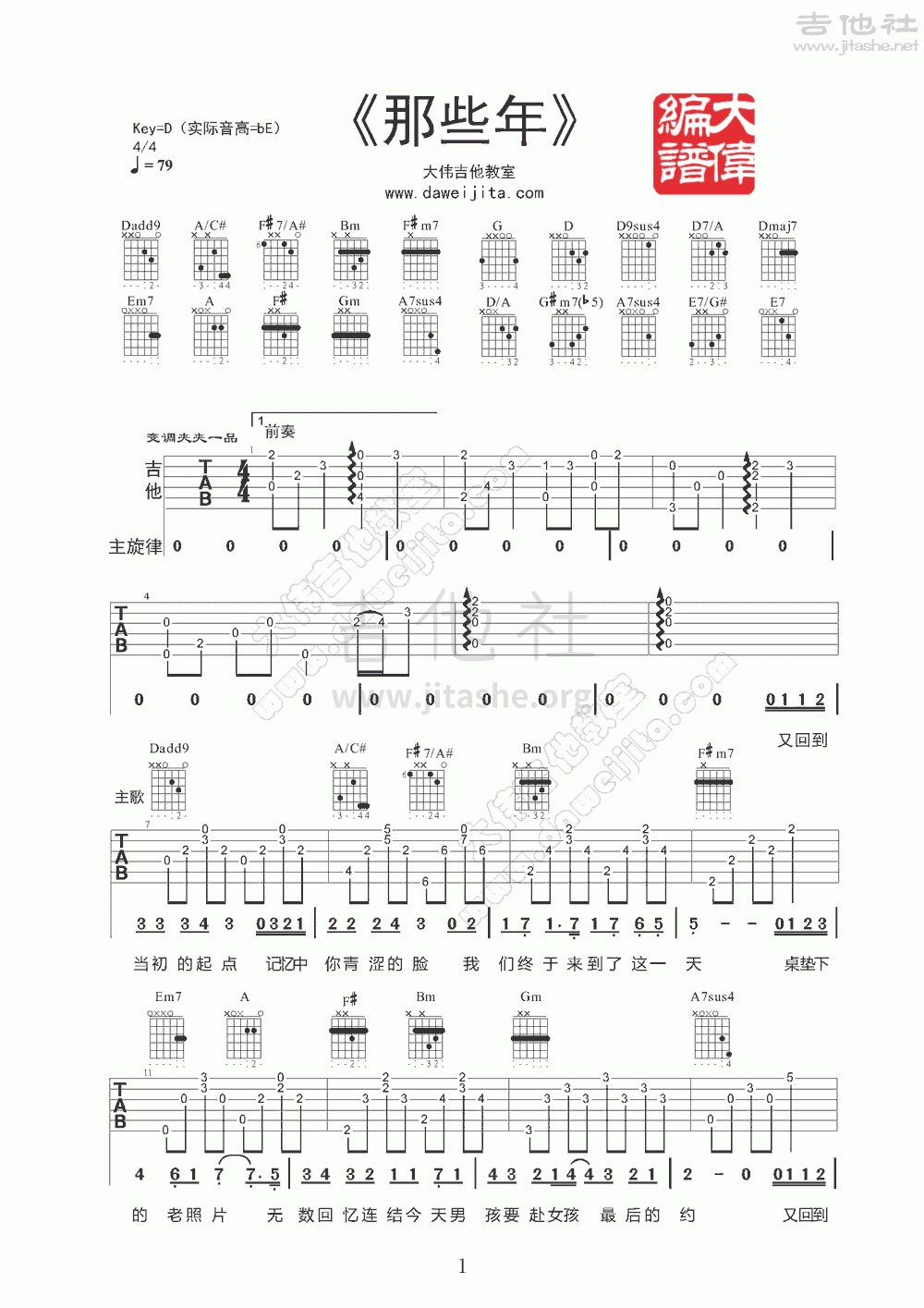 那些年吉他谱(图片谱,弹唱,大伟吉他,教程)_胡夏_www.daweijita.com_那些年_1.gif