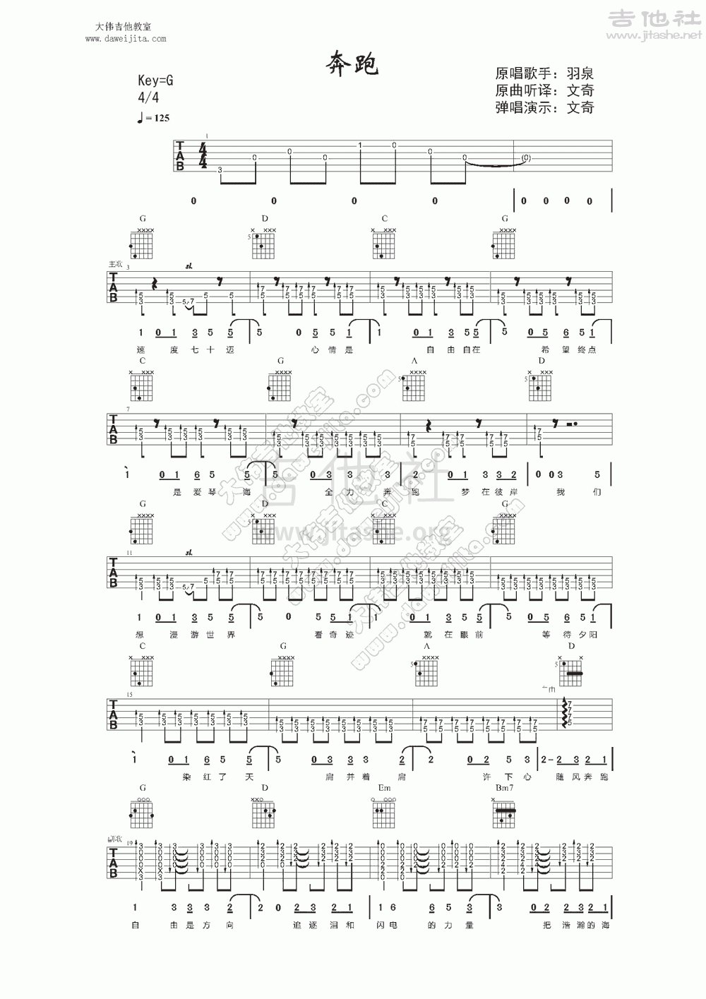 打印:奔跑吉他谱_羽泉(野孩子;陈羽凡;胡海泉)_www.daweijita.com_羽泉奔跑_1.gif