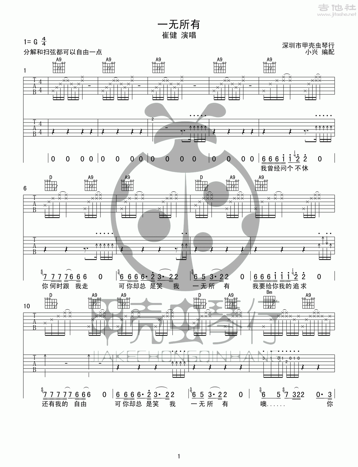 一无所有吉他谱(图片谱,弹唱,双吉他,BASS)_崔健_一无所有 1.gif