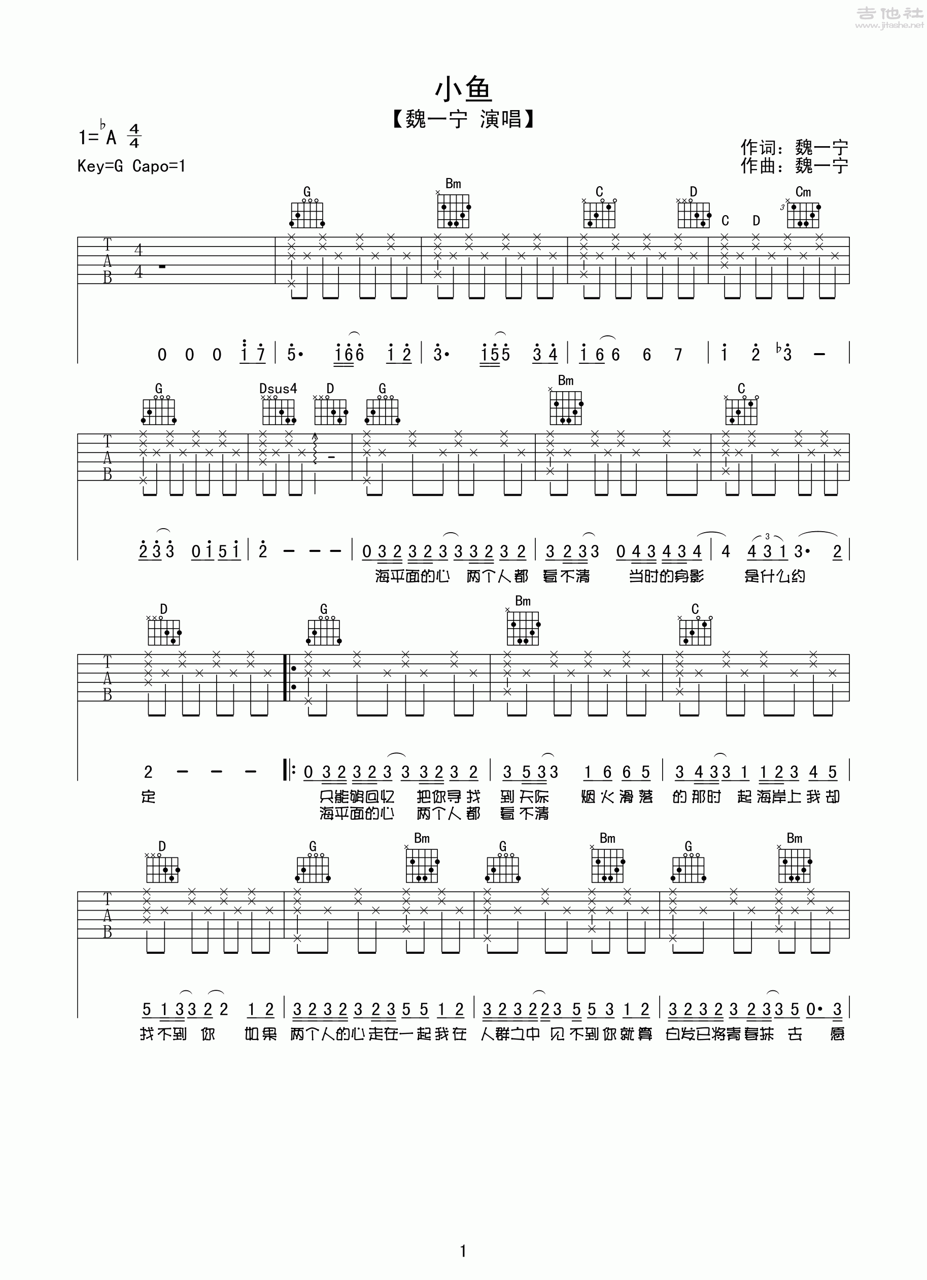 小鱼吉他谱(图片谱,弹唱)_魏一宁_小鱼 1.gif
