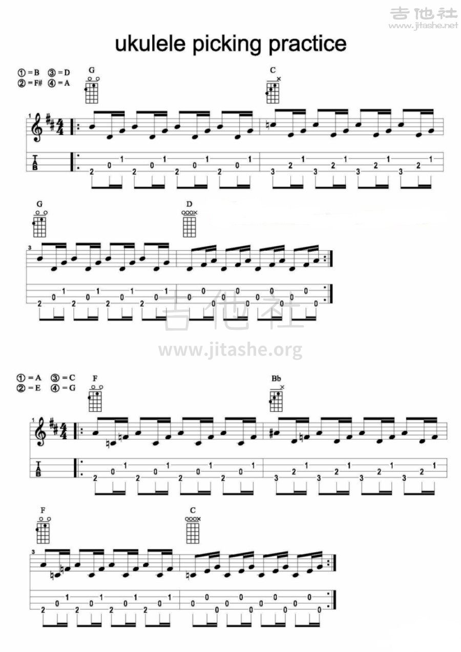 尤克里里拨奏练习一吉他谱(图片谱,尤克里里,练习曲,拨奏)_练习曲_拨奏练习1.jpg
