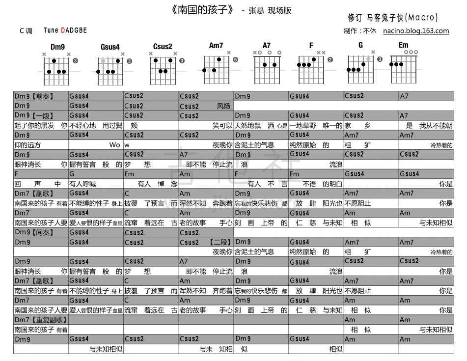 打印:南国来的孩子（现场修订版）吉他谱_张悬(焦安溥)_南国来的孩子（现场修订版）