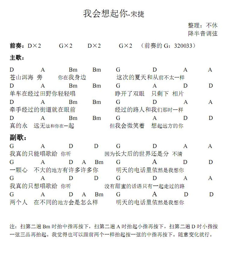 我会想起你吉他谱(图片谱,弹唱)_宋捷_节奏：↑-↑↓-↓↑↓    2拍4拍切音