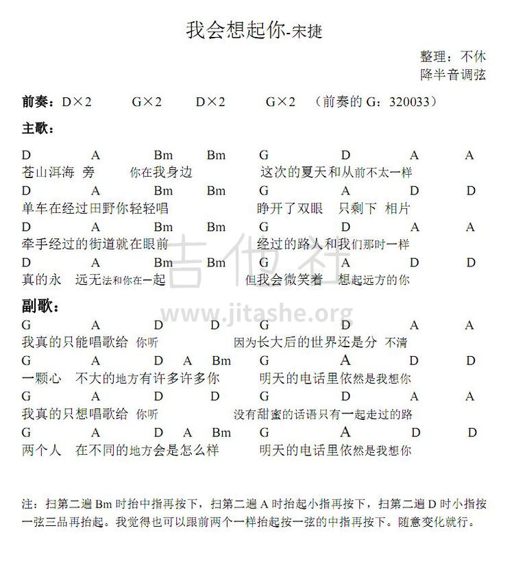 我会想起你吉他谱(图片谱,弹唱)_宋捷_节奏：↑-↑↓-↓↑↓    2拍4拍切音