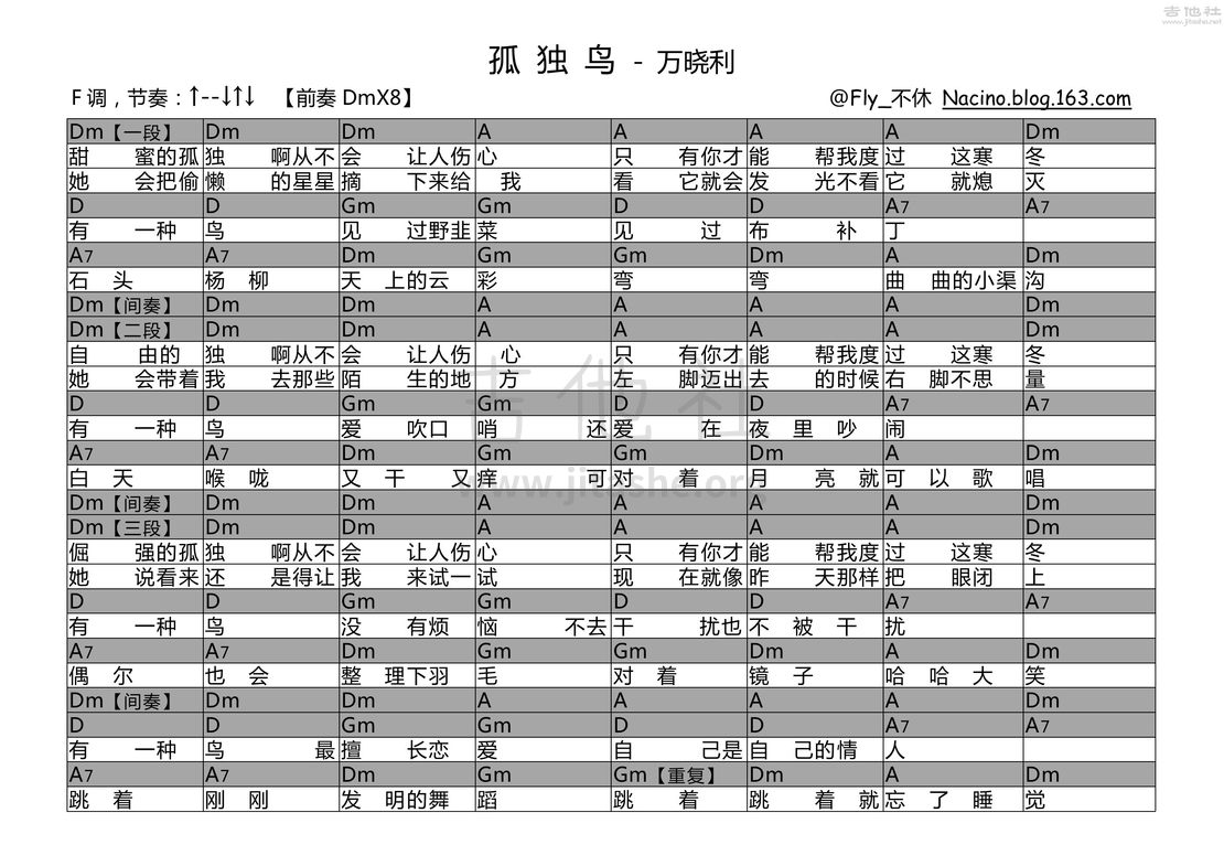 孤独鸟吉他谱(图片谱,弹唱,尤克里里)_万晓利_孤独鸟.jpg