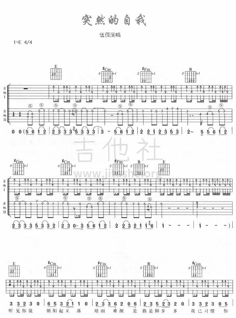 打印:突然的自我吉他谱_伍佰&China Blue_1
