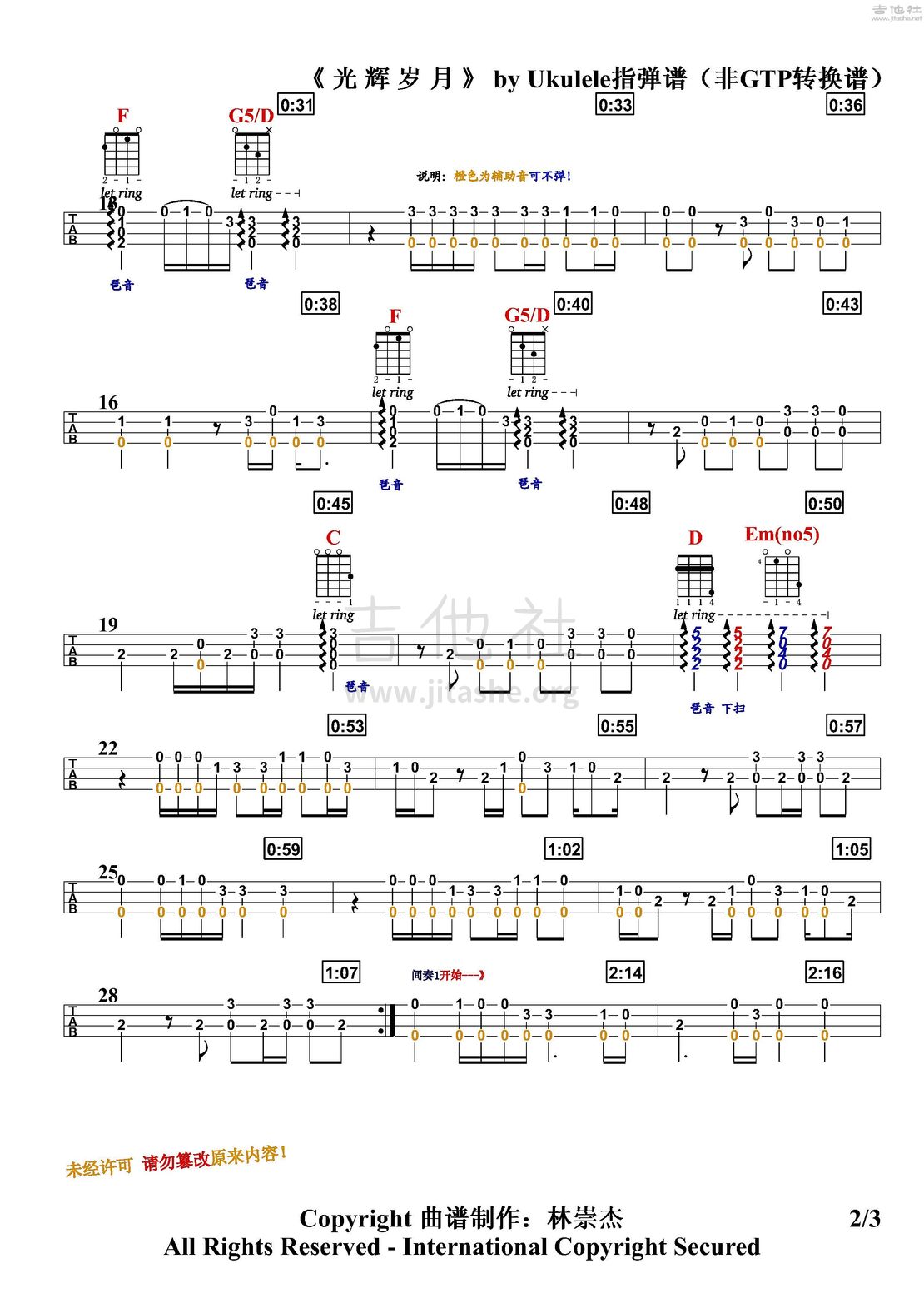 光辉岁月吉他谱(图片谱,光辉岁月,Beyond,尤克里里)_Beyond_光辉岁月ukulele指弹 低G 四线谱1-2_页面_2_副本.jpg