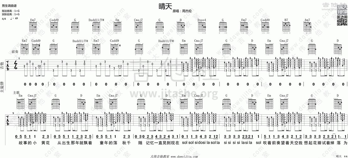 晴天(单吉他版)吉他谱(图片谱,弹唱,大伟吉他,教程)_周杰伦(jay chou)