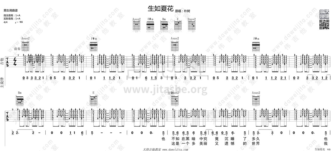 生如夏花吉他谱(图片谱,弹唱,大伟吉他)_朴树_tab_pushu_shengruxiahua_1.gif