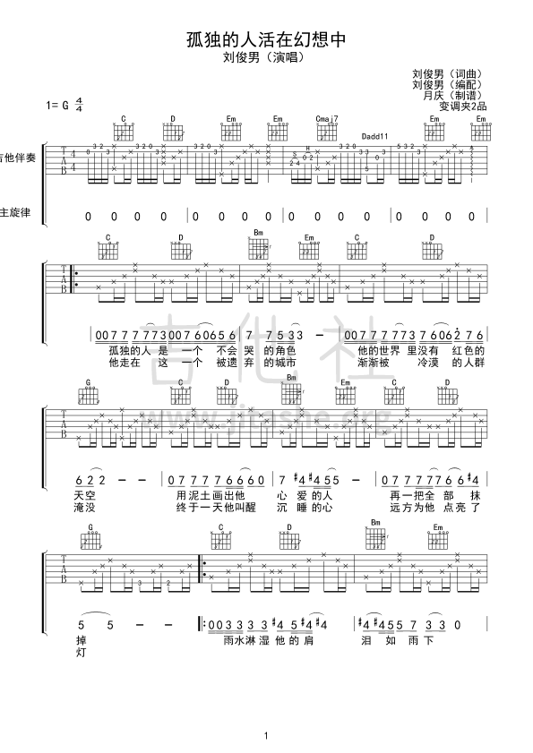 孤獨的人活在幻想中吉他譜(圖片譜,彈唱)_劉俊男(男神)_孤獨的人活在