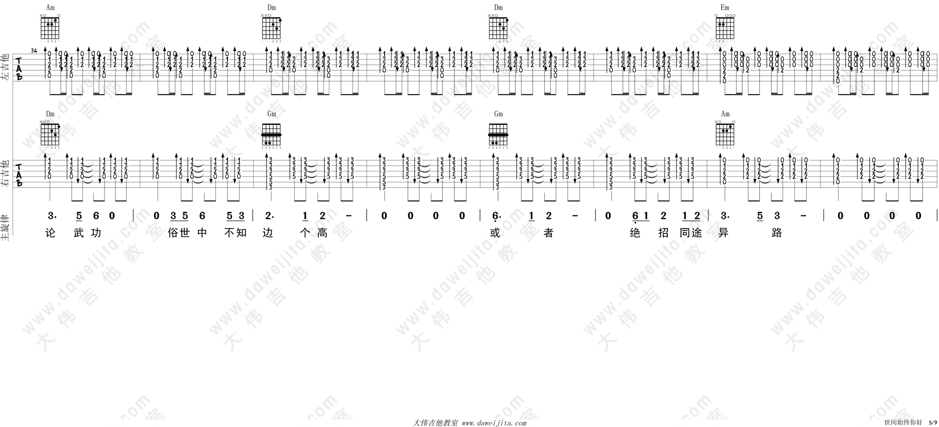世间始终你好(射雕英雄传之华山论剑主题曲)吉他谱(图片谱,弹唱,大伟吉他,教程)_罗文_tab_zhenniluowen_sjsznh_guitar_5.gif