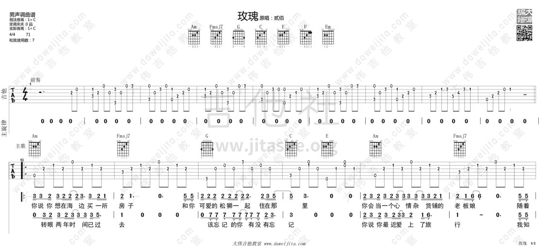 玫瑰吉他谱(图片谱,弹唱,大伟吉他,教程)_贰佰_tab_erbai_meigui_1.gif