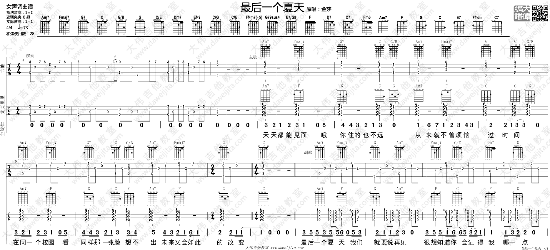 最后一个夏天吉他谱(图片谱,弹唱,大伟吉他,尤克里里)_金莎(蓝菲琳)_tab_jinsha_zuihouyigexiatian_1.gif