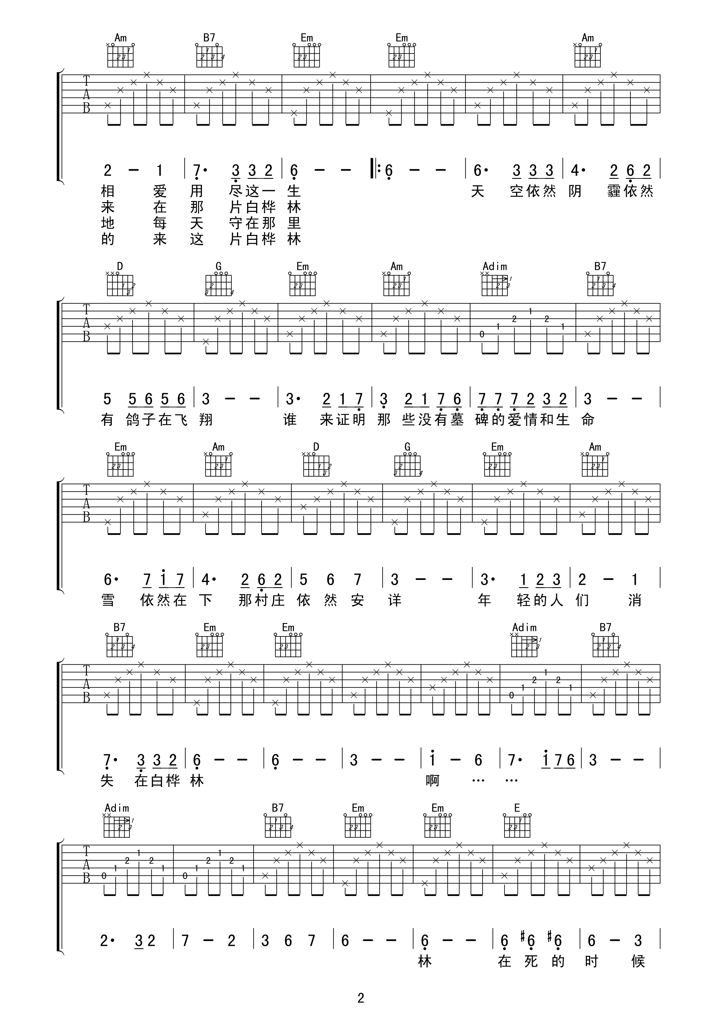 白桦林吉他独奏指弹谱图片
