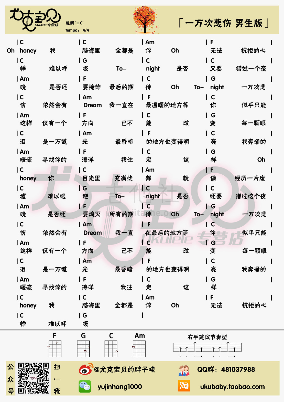 一万次悲伤（尤克里里男女版弹唱谱）吉他谱(图片谱,尤克里里)_逃跑计划_一万次悲伤男.jpg