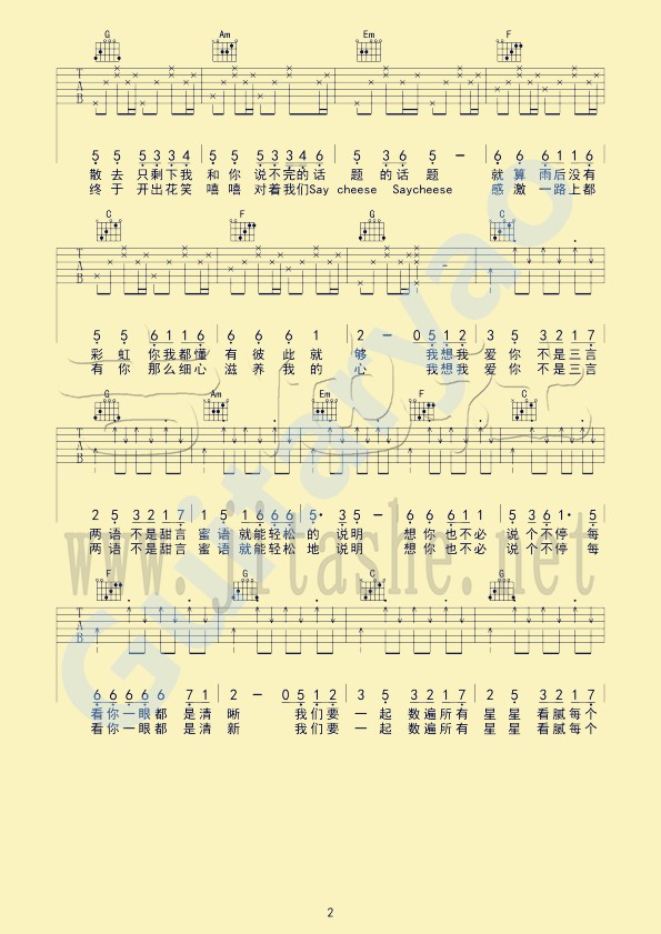 小清新吉他谱(图片谱,弹唱)_朱主爱(Joyce Chu / 四叶草 / 四葉草)_2