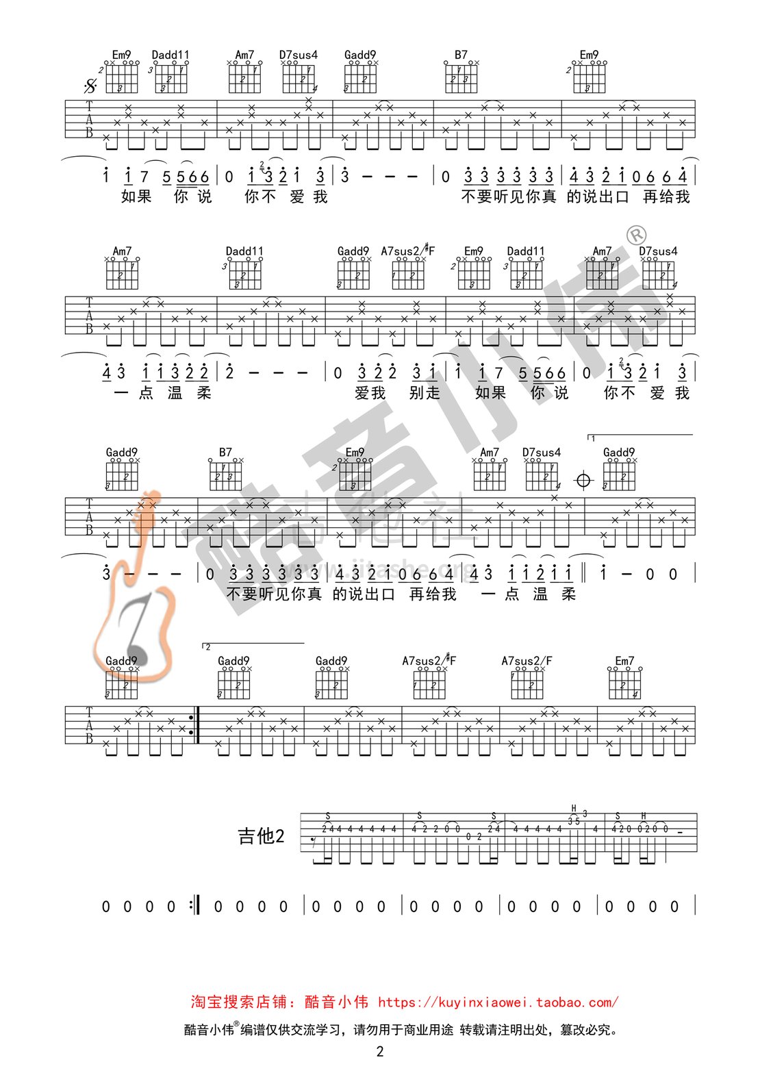 爱我别走(张震岳完美易唱版本吉他谱 酷音小伟吉他教学)吉他谱(图片谱,酷音小伟,教学,弹唱)_张震岳(阿岳;Chang Csun Yuk)_爱我别走2.gif