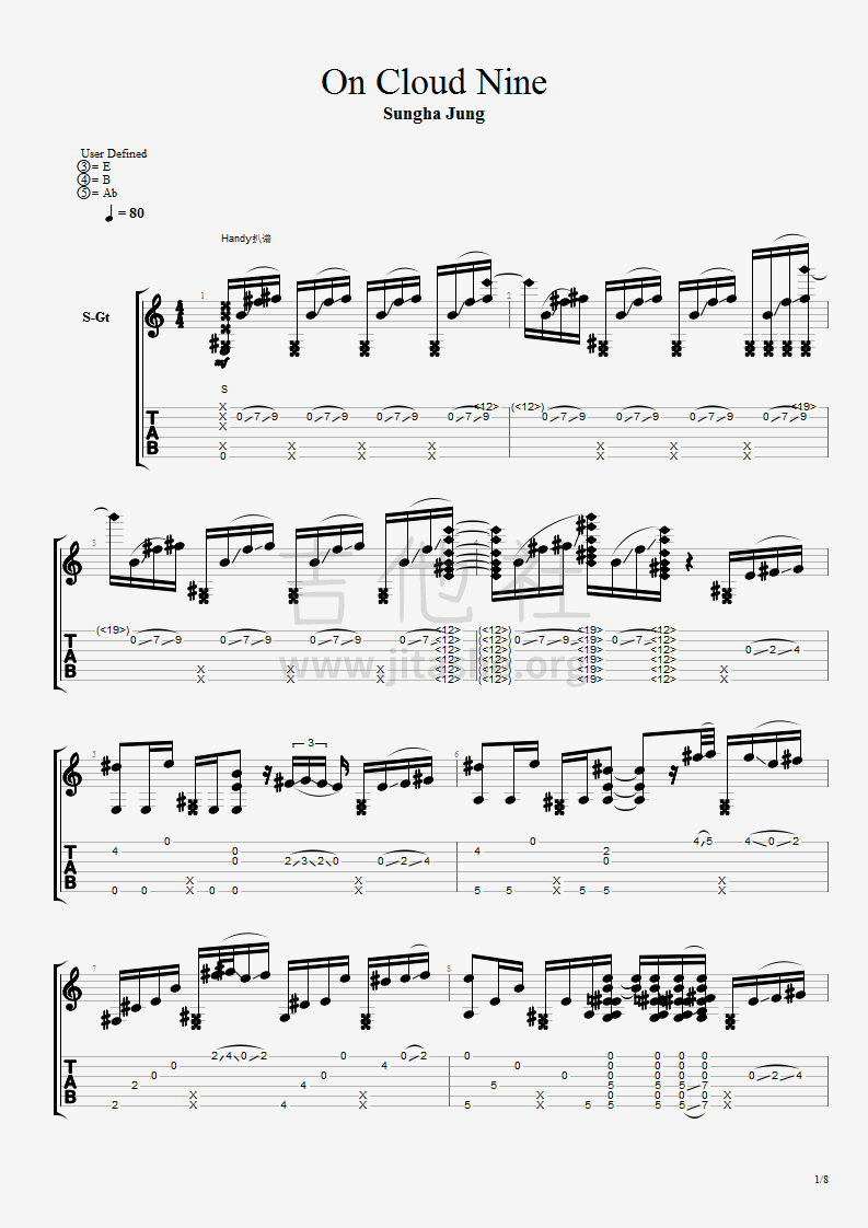 On Cloud Nine自扒谱吉他谱(图片谱,指弹,郑成河 独奏)_郑成河(Sungha Jung;郑晟河)_1.png