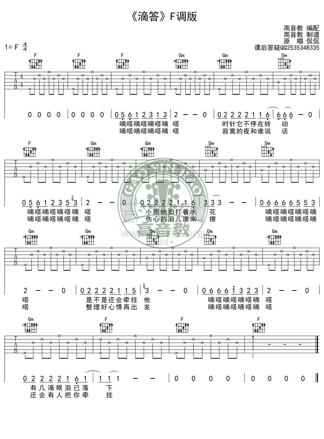 滴答(F调入门版北京爱情故事-高音教版)吉他谱(图片谱,弹唱,F调)_侃侃_《滴答》F调.jpg