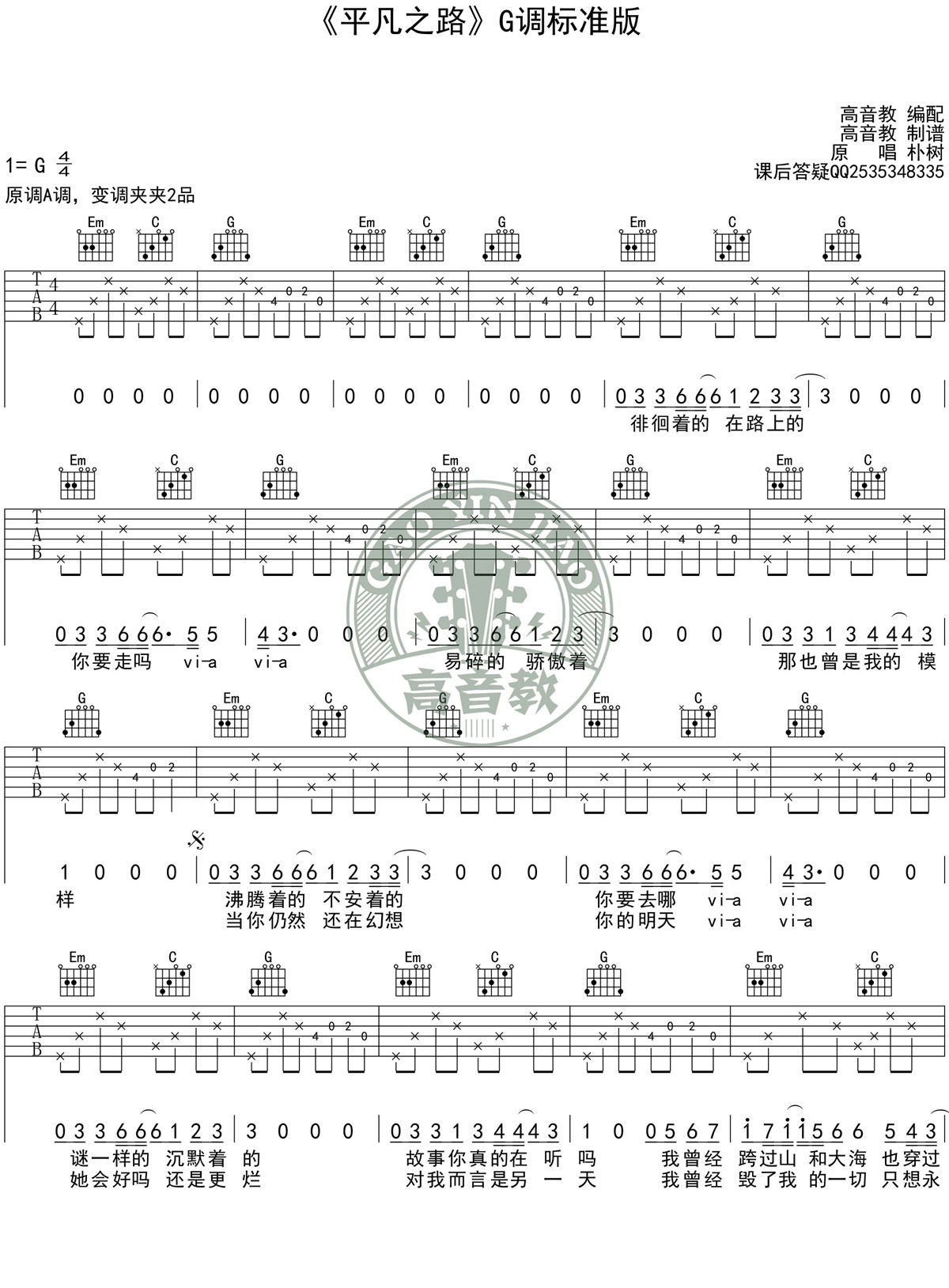 平凡之路(G调标准版 高音教编配)吉他谱(图片谱,弹唱,G调)_朴树_《平凡之路》G调标准版01.jpg