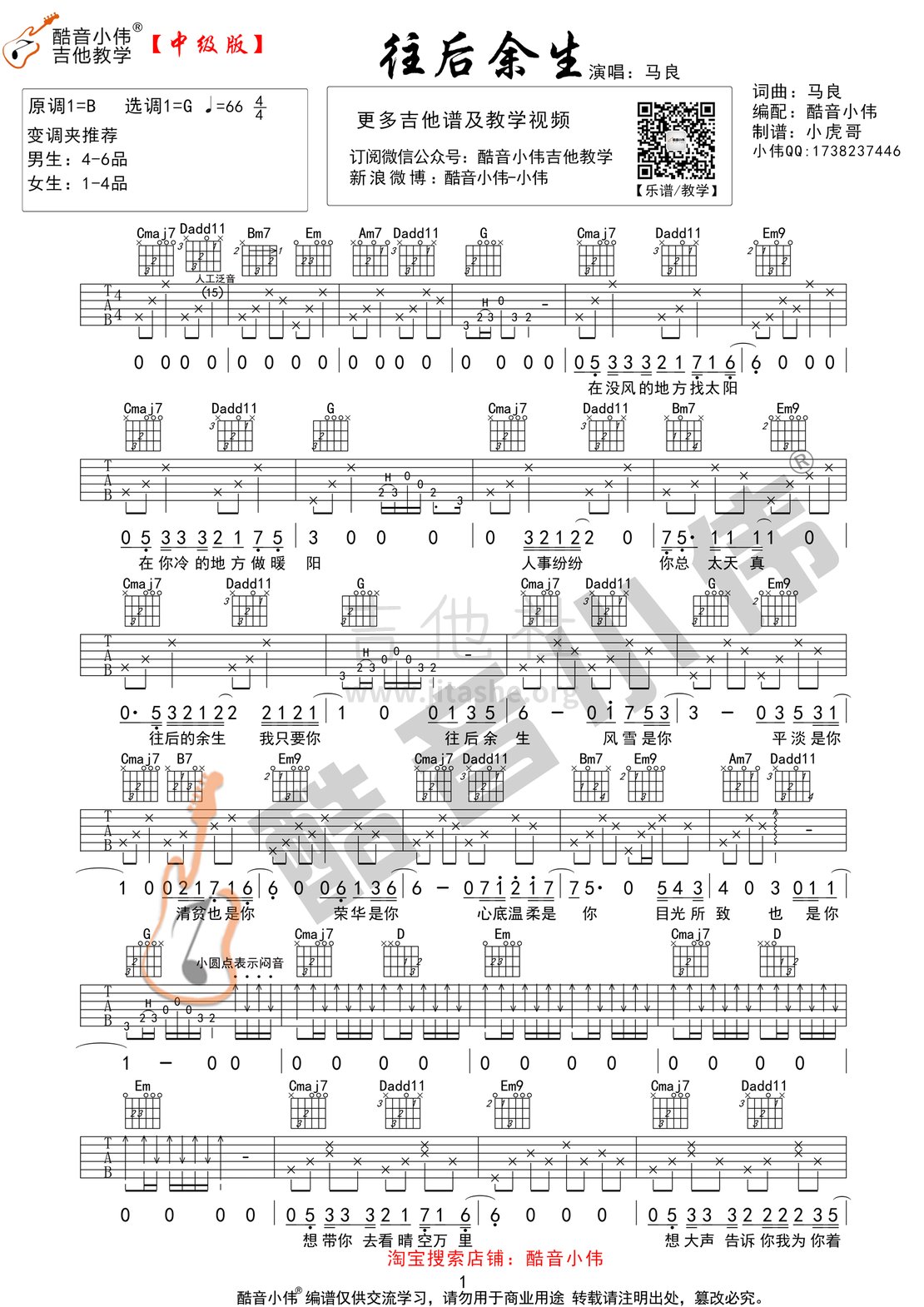 往后余生(酷音小伟吉他教学)吉他谱(图片谱,酷音小伟,吉他教学,弹唱)_马良_往后余生1.gif