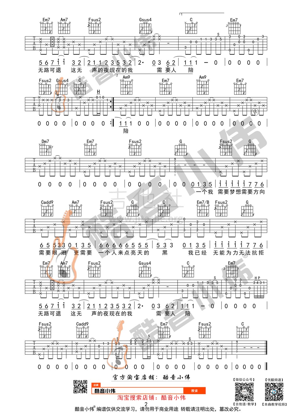 需要人陪(酷音小伟吉他教学)吉他谱(图片谱,酷音小伟,弹唱,C调)_王力宏(Leehom Wang)_需要人陪2.gif