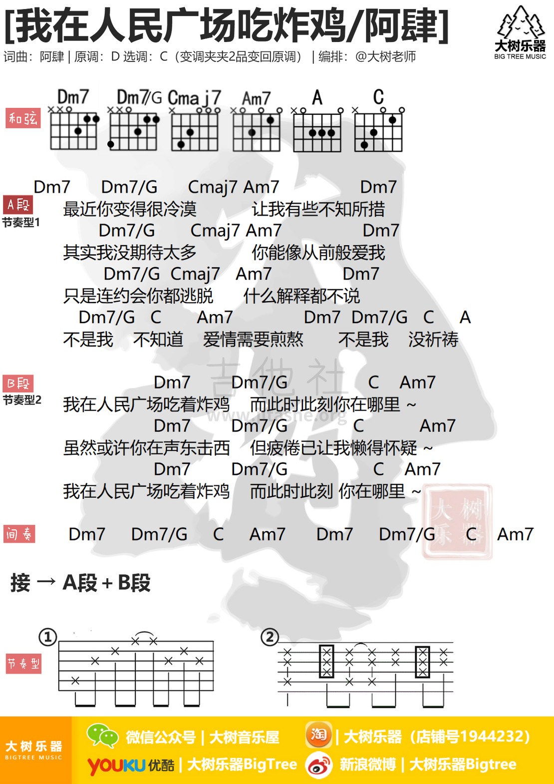 我在人民广场吃炸鸡吉他谱_阿肆_D调原版_吉他弹唱六线谱 - 酷琴谱