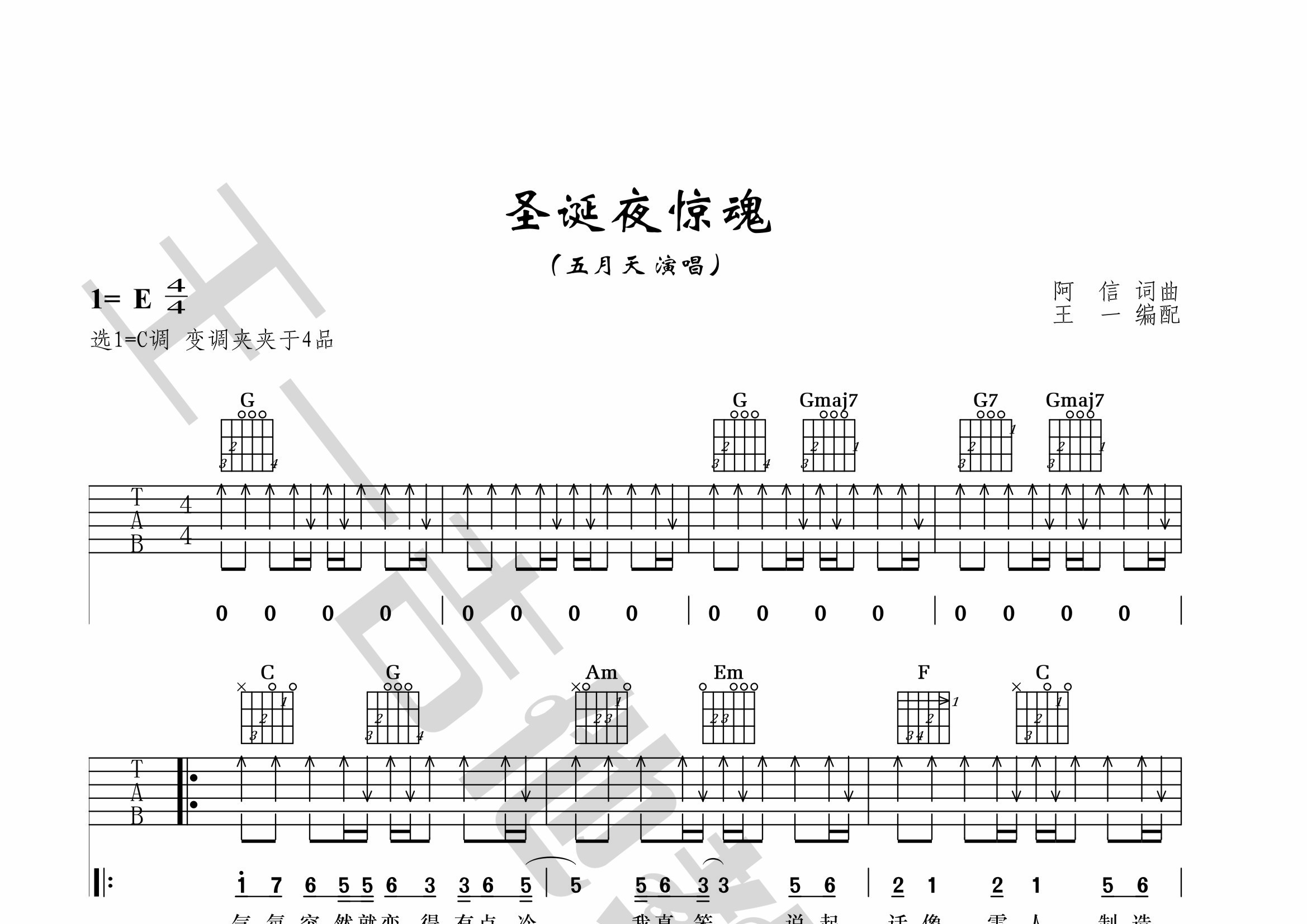 圣诞夜惊魂吉他谱(图片谱,王一吉他,正版,弹唱)_五月天(mayday)