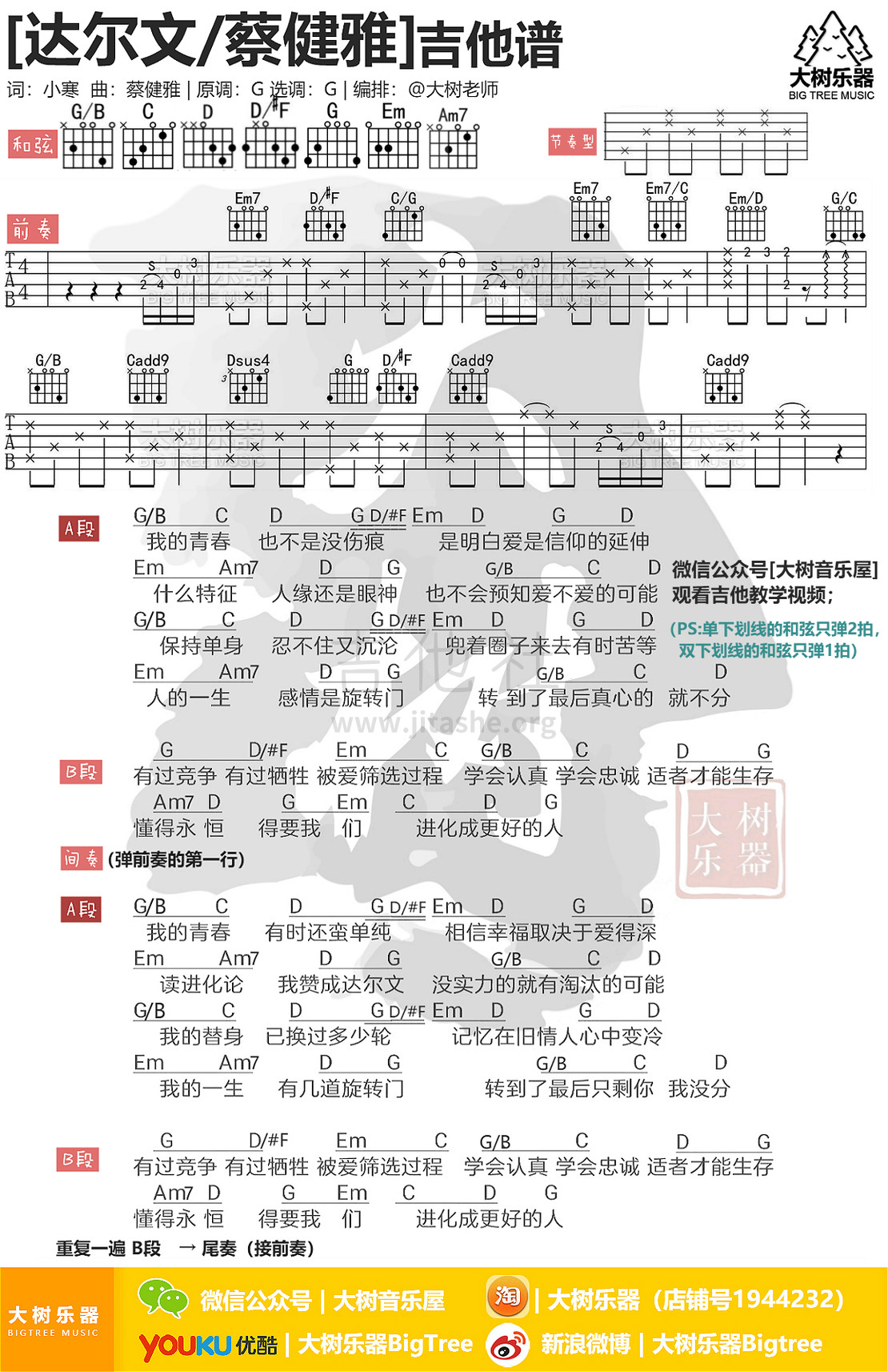 达尔文吉他谱 林俊杰 C调和弦指法吉他弹唱谱 - 吉他堂