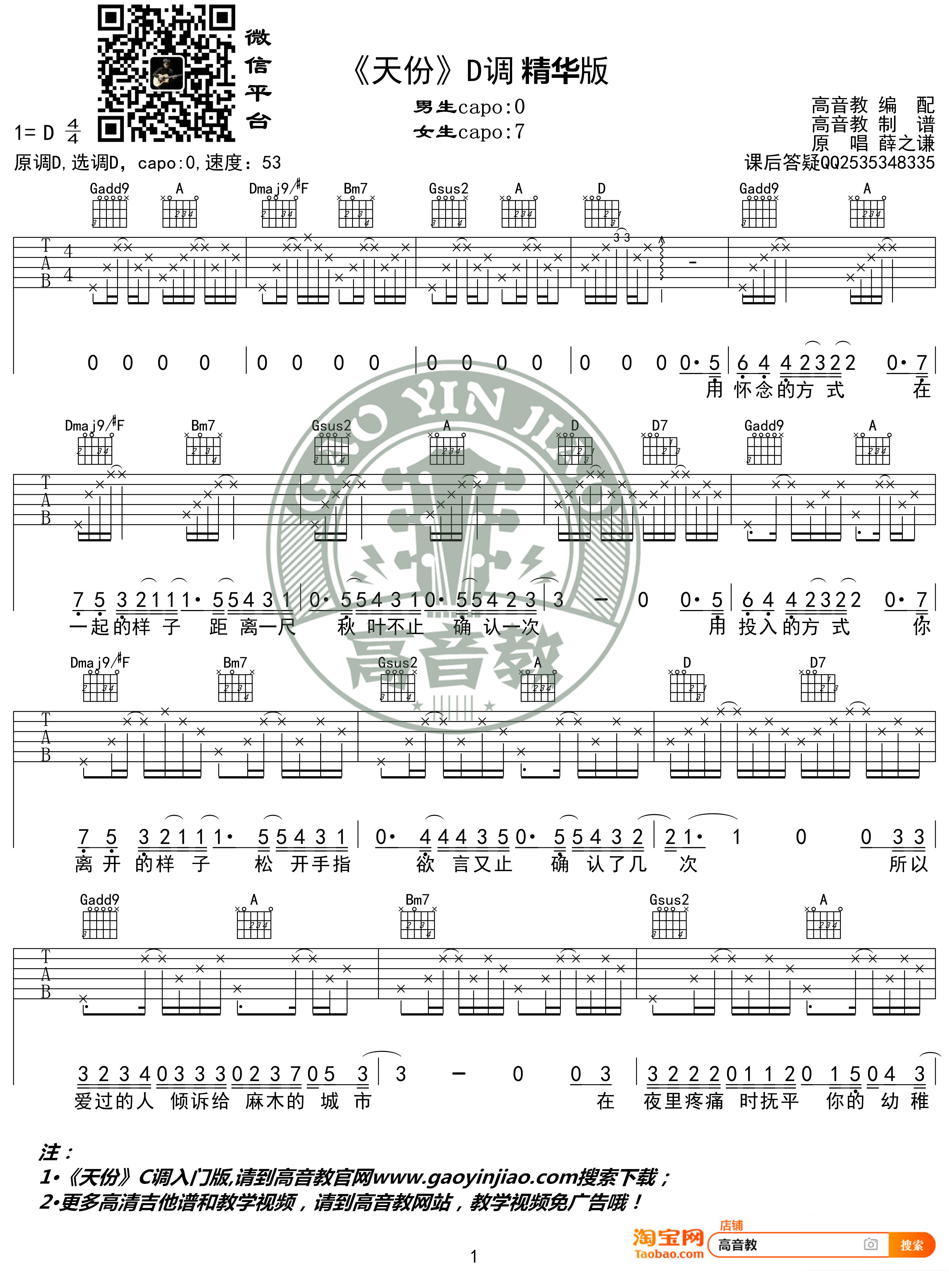 天份吉他谱(图片谱,弹唱,D调,精华版)_薛之谦_《天份》D调精华版01.jpg