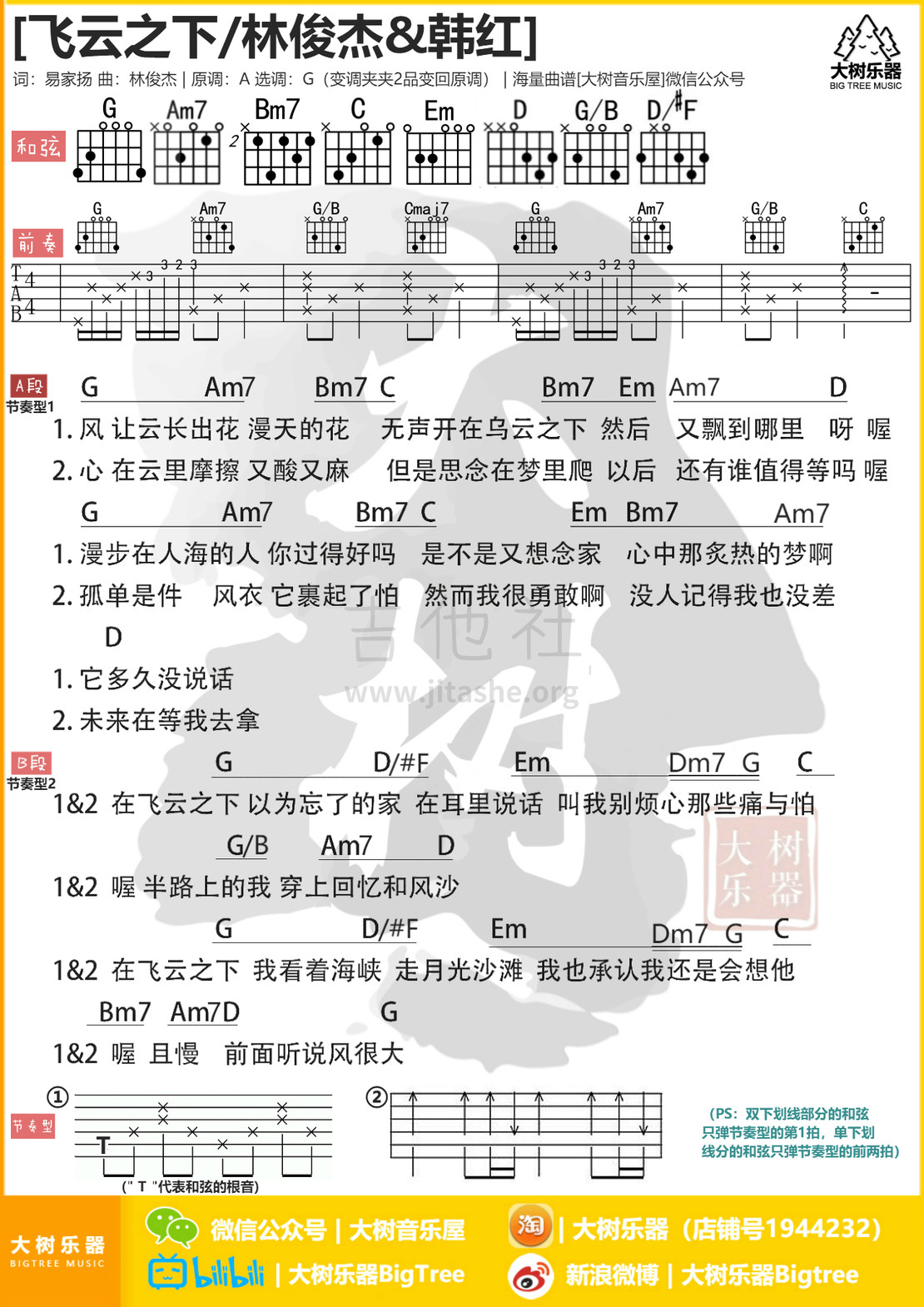 《飞云之下》林俊杰/韩红-吉他谱-大树乐器-大