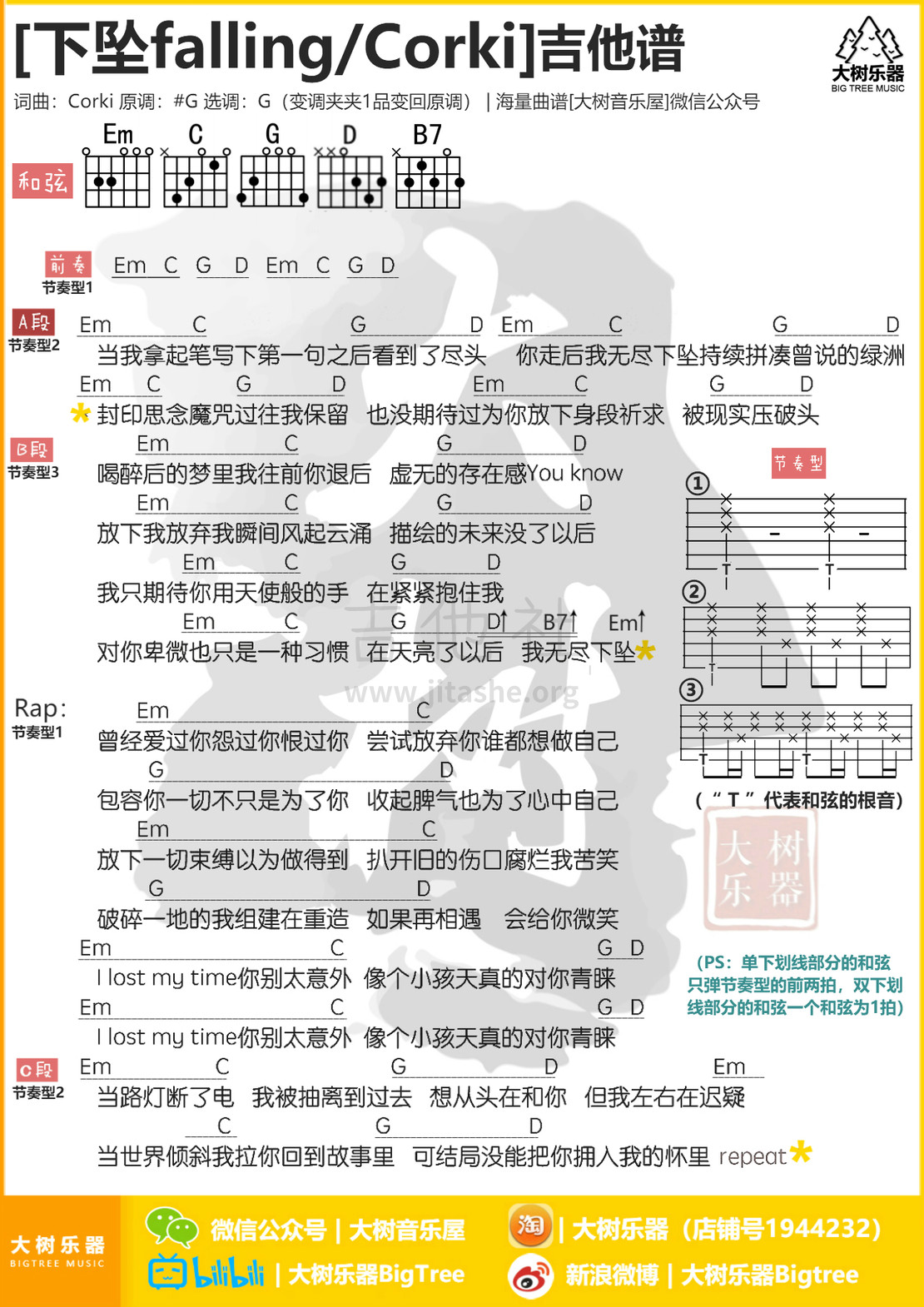 Corki偏原版完整吉他谱《下坠falling》- 编配选调G调 - 中级高清六线谱 - 易谱库