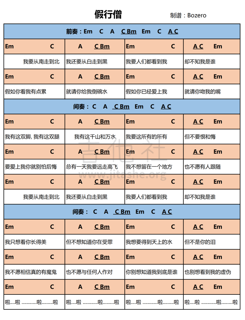 假行僧(男中音版)吉他谱(图片谱,弹唱)