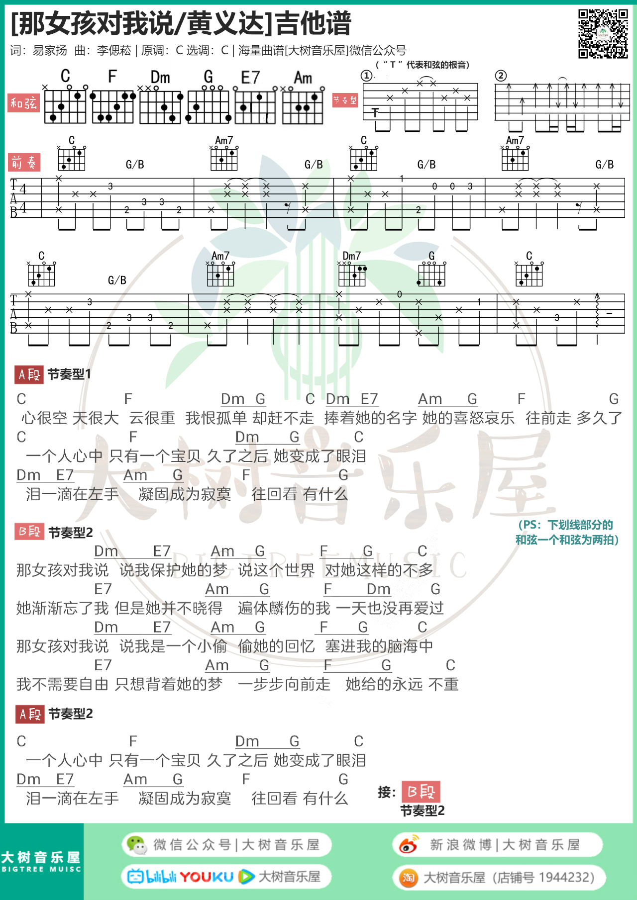 那女孩对我说(大树音乐屋)吉他谱(图片谱,和弦,c调,弹唱)