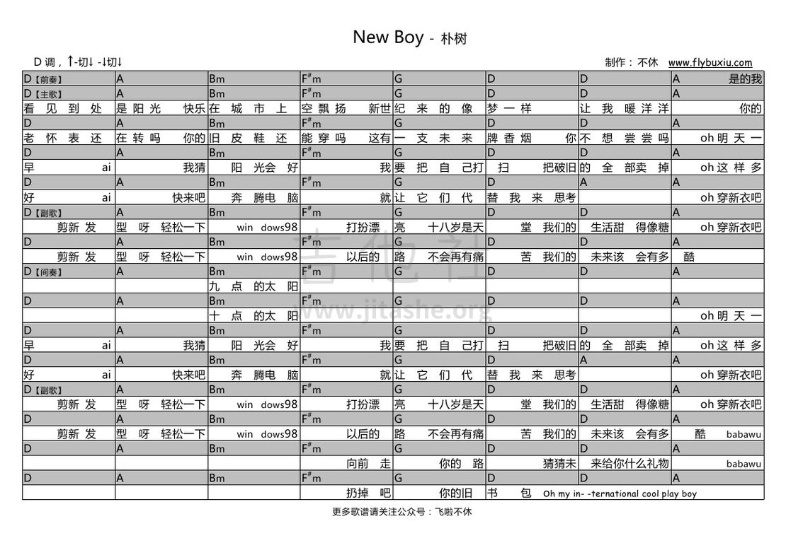 New Boy（不休弹唱谱）吉他谱(图片谱,弹唱)_朴树_朴树-New boy D调0000.jpg