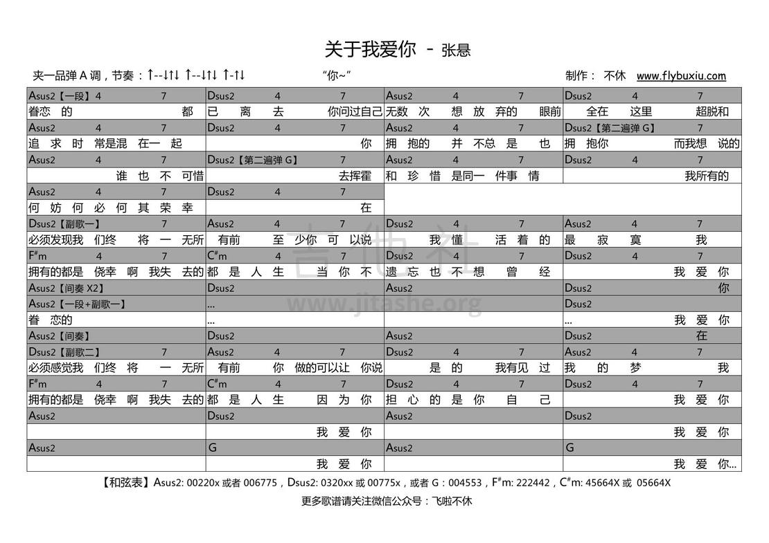 关于我爱你张悬吉他谱图片