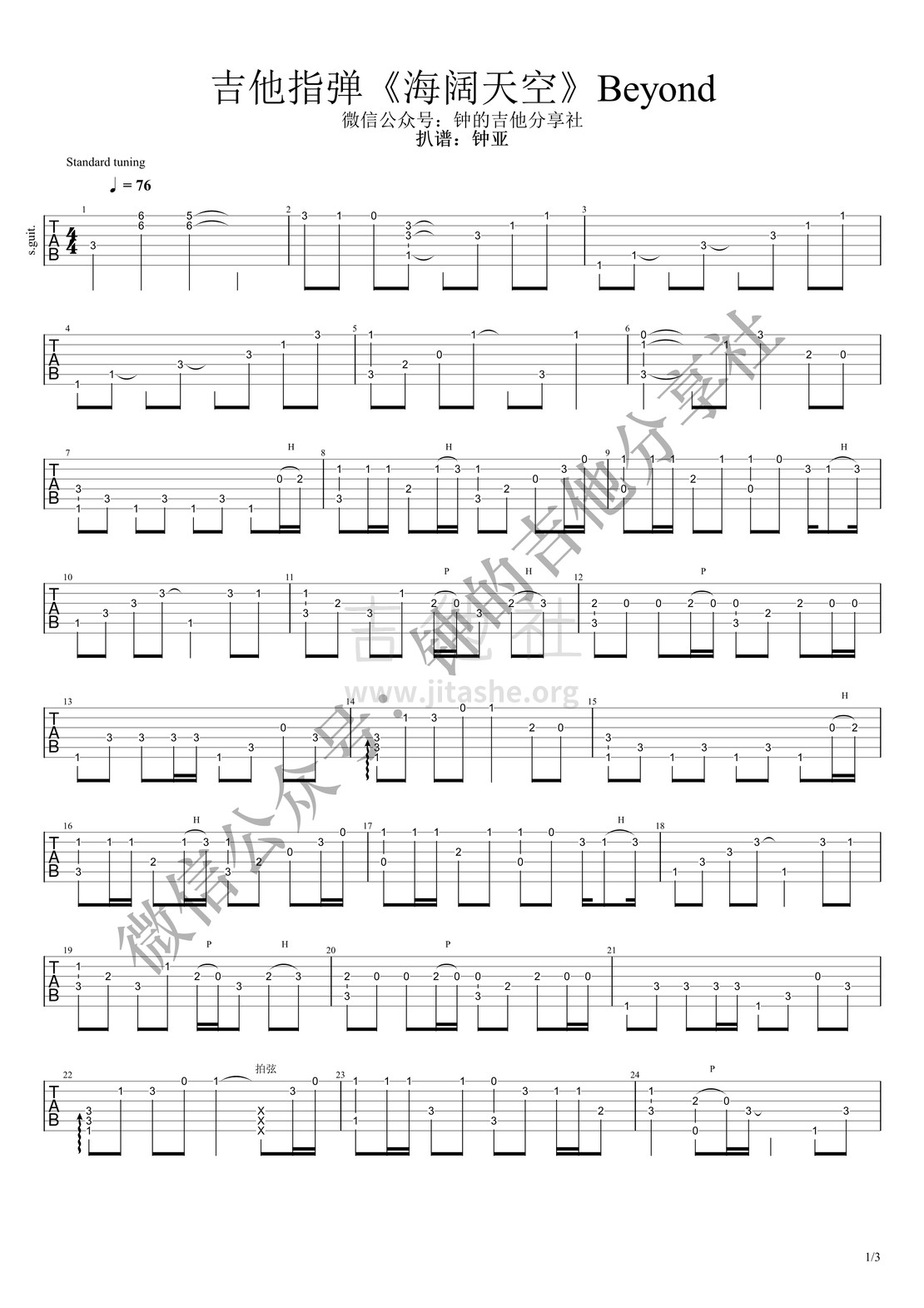 海阔天空吉他谱(图片谱,指弹,F调)_Beyond_海阔天空_1.jpg