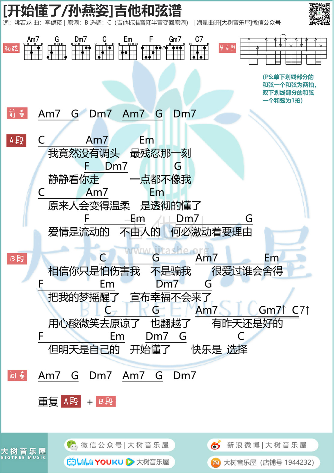 開始懂了(大樹音樂屋)吉他譜(圖片譜,彈唱)_孫燕姿(stefanie sun)