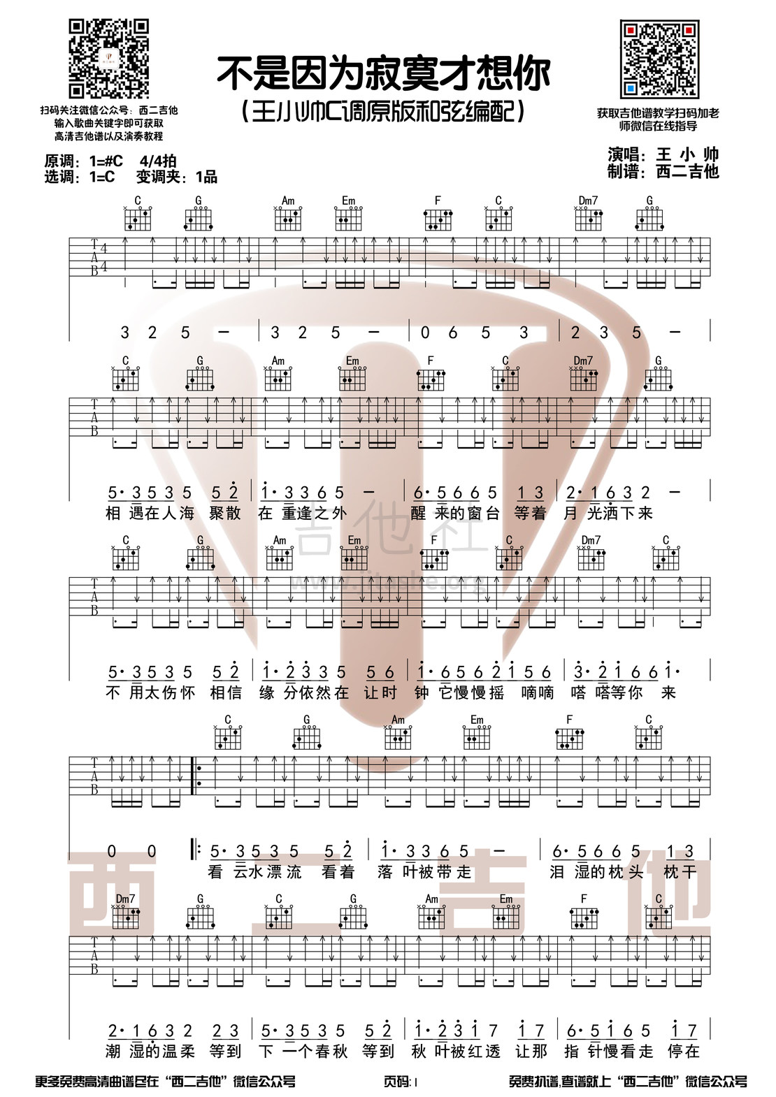 不是因为寂寞才想你（王小帅版本吉他谱+演奏视频 西二吉他）吉他谱(图片谱,弹唱)_T.R.Y.(青春女子组合)_不是因为寂寞才想你1.jpg
