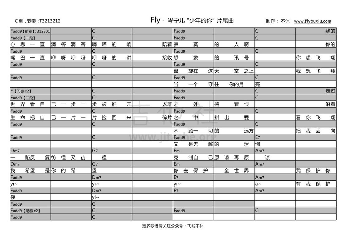 少年的你 - Fly(不休弹唱谱)吉他谱(图片谱,弹唱,片尾曲)_岑宁儿(Yoyo Sham;岑宝儿)_岑宁儿-Fly 少年的你 片尾曲0000.jpg