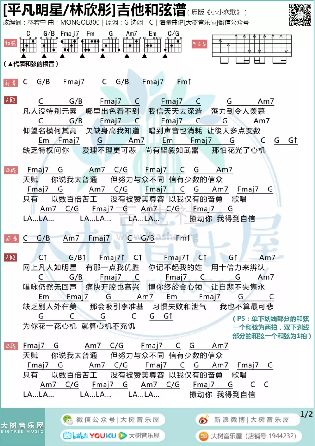 「小小恋歌」新垣结衣 / 粤语版〈平凡明星〉林欣彤(吉他弹唱演示&吉他谱-大树音乐屋)吉他谱(图片谱,弹唱)_林欣彤(Mag Lam)_1.webp.jpg