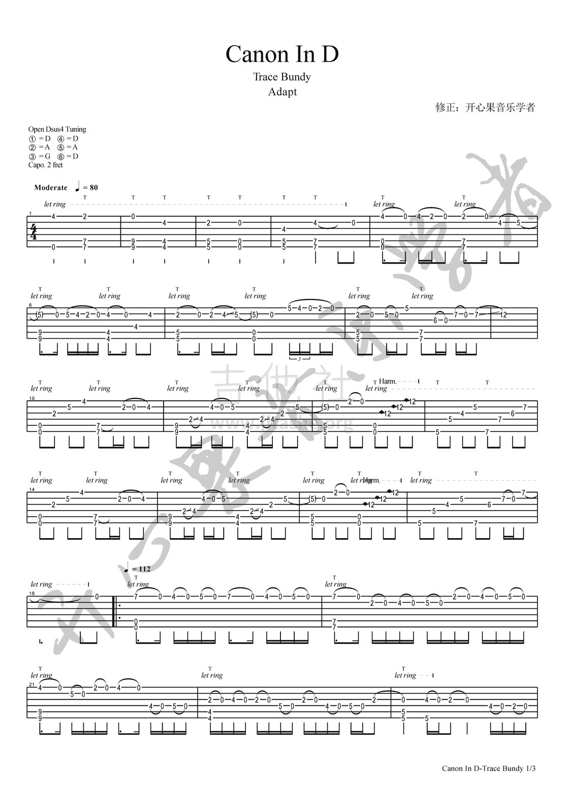 Canon In D吉他谱(图片谱,Trace Bundy,指弹)_Trace Bundy(崔斯·邦迪)_Trace Bundy-Canon In D_页面_1.jpg