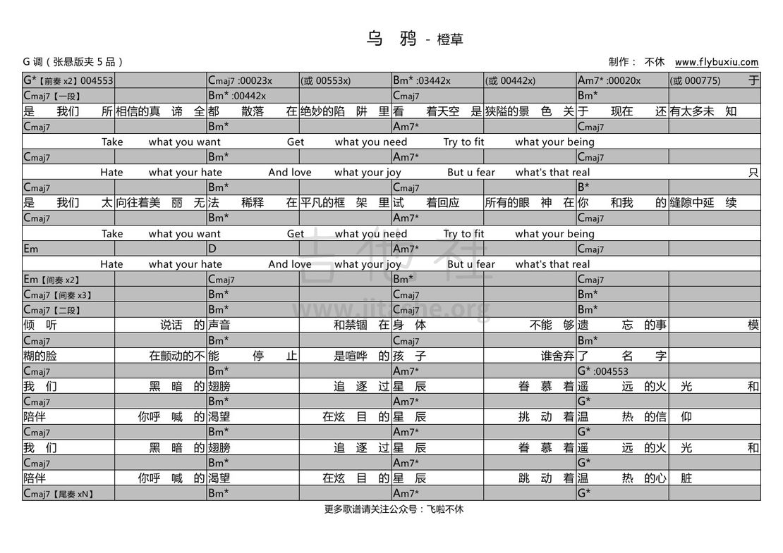 乌鸦（不休弹唱谱）吉他谱(图片谱,弹唱)_橙草_张悬版-乌鸦 橙草0000.jpg