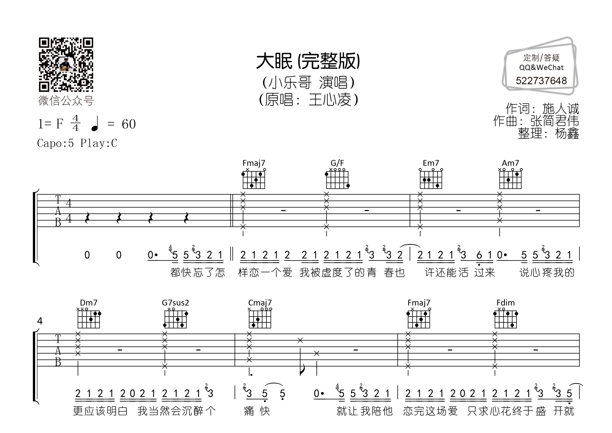 大眠完整版小乐哥原版c调精编老杨教吉他出品