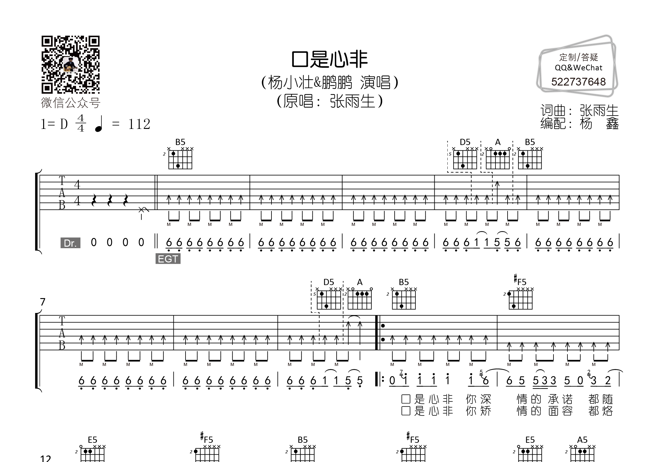 口是心非(原唱:张雨生)【原版d调精编】(老杨教吉他出品)吉他谱(图片