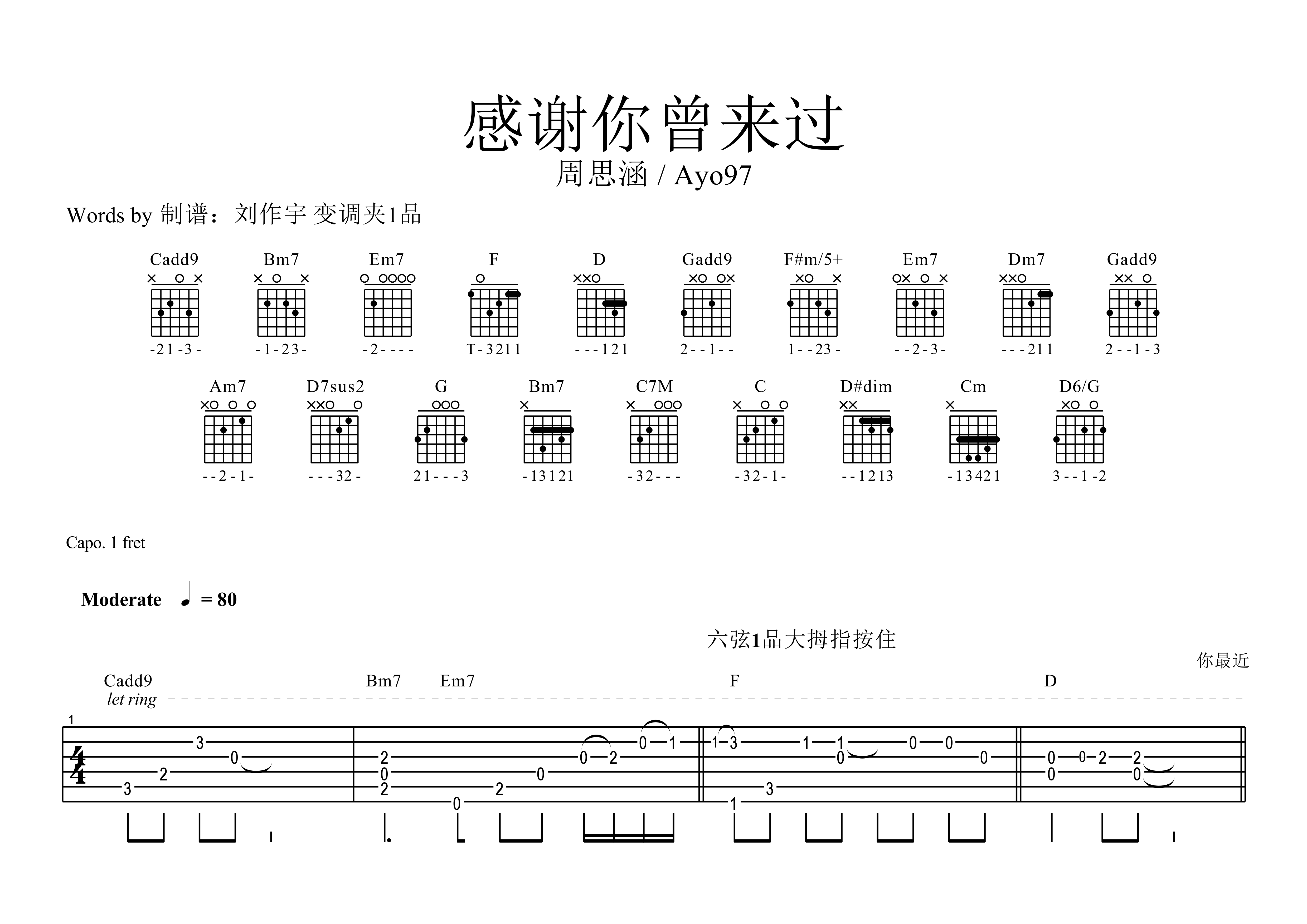 感谢你曾来过(原版)吉他谱(图片谱,扫弦,弹唱,原版)_ayo97(卧龙)